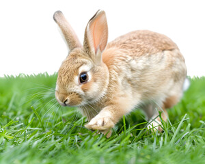 Fototapeta premium Rabbit hopping on the green lawn on transparent background