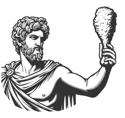 classical Greek statue holding fried chicken leg drumstick, humorous sketch engraving generative ai fictional character vector illustration. Scratch board imitation. Black and white image.