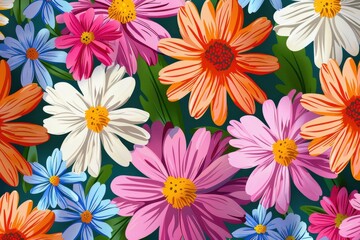 A richly colored array of daisy flowers, presented with fine illustration detail and intermixed with green leaves