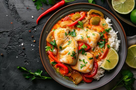 Top view of a plate with traditional Brazilian Moqueca Baiana fish and bell peppers in coconut sauce
