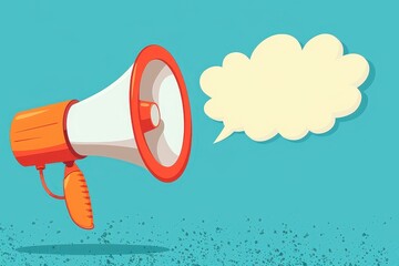 Retro-inspired vector graphic of a brightly colored loudspeaker with an empty speech bubble