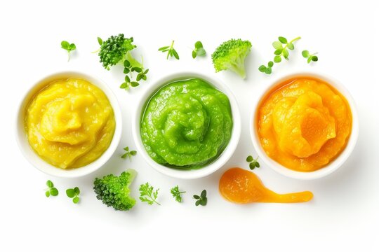 Top view of baby food puree in bowl with green yellow and orange colors isolated on white