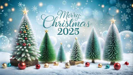 2025 merry christmas and happy new year greeting card with christmas tree branches and christmas tree background.