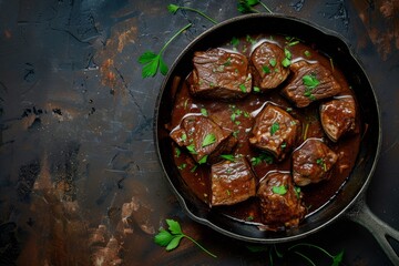 Top view of beef stew in red wine sauce with copy space Braised meat in cast iron pan