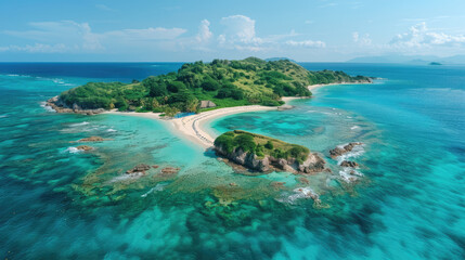 Fototapeta premium A breathtaking aerial view of a tropical island with turquoise waters, sandy beaches, and lush greenery