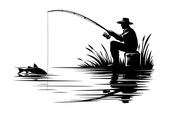 Silhouette of sitting angler with fishing rod. Vector illustration