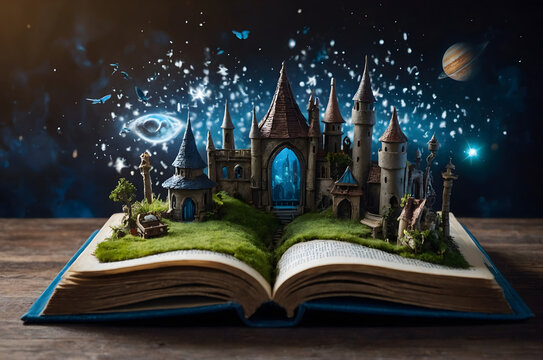 Fantasy world inside of the book. Concept of education imagination and creativity from reading books