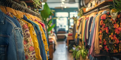 Fototapeta premium Curated Selection of Secondhand Fashion at a Vintage Clothing Store. Concept Vintage Clothing, Secondhand Fashion, Sustainable Style, Fashion Finds