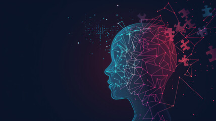 Human head profile and jigsaw puzzle, cognitive psychology or psychotherapy concept, mental health, brain problem, personality disorder, vector line design, Created using generative AI tools