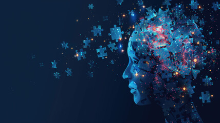Obraz premium Human head profile and jigsaw puzzle, cognitive psychology or psychotherapy concept, mental health, brain problem, personality disorder, vector line design, Created using generative AI tools