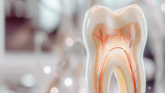 A close-up view of a detailed model of a human tooth, highlighting the root and nervous system. The image is taken in a clinical setting with a blurred background, focusing on dental health education.