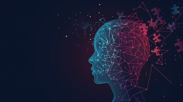 Human head profile and jigsaw puzzle, cognitive psychology or psychotherapy concept, mental health, brain problem, personality disorder, vector line design, Created using generative AI tools