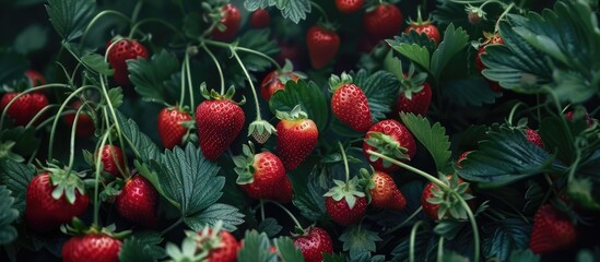 Obraz premium Ripe strawberries dominating the shot from an aerial perspective.