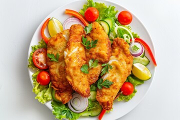 Top view of crispy breaded tilapia fillets with vegetables on a white plate