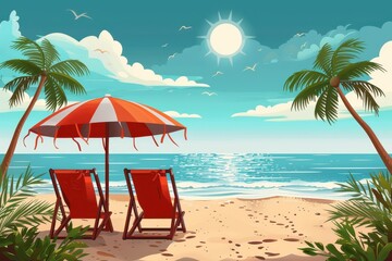 Digital art of a tranquil beach vacation spot with sun, sea, umbrella, and loungers