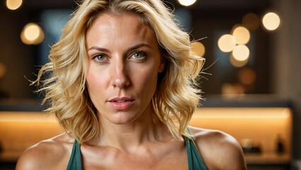 Fototapeta premium Beautiful model girl with short hair .Beauty woman with blonde curly hairstyle dye. Fashion