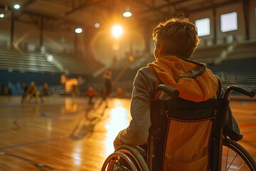Child in wheelchair watching a basketball game in a gymnasium at sunset