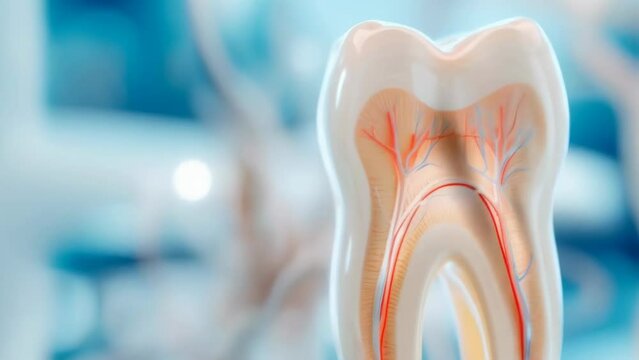 Detailed close-up of a tooth model displaying internal structure and nerves. The image features a cross-section of a tooth with visible roots, nerves, and enamel. Bright, clinical setting.