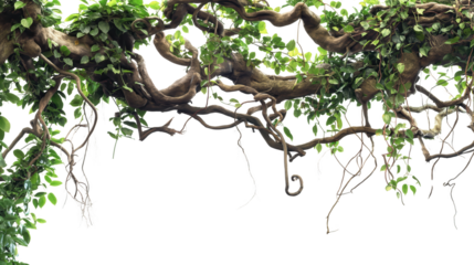 branch tree trunk with jungle vines twisting around tree branch isolated on transparent background