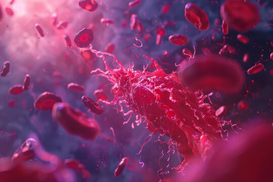 A red and blue background with red blood cells flying around