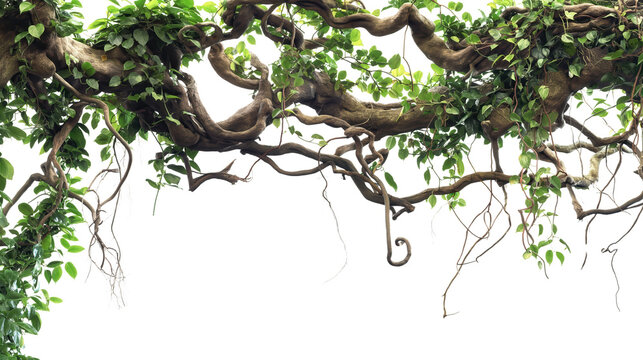 Fototapeta branch tree trunk with jungle vines twisting around tree branch isolated on transparent background