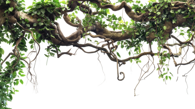 branch tree trunk with jungle vines twisting around tree branch isolated on transparent background
