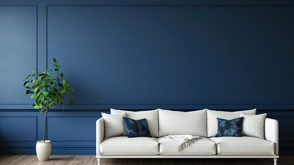 Interior of cozy modern living room with sofa against blank, dark blue wall. Generative AI