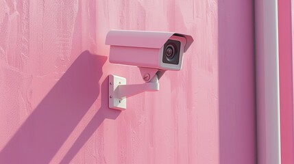 Minimalist photo of a white security camera on a smooth pink wall, showcasing modern aesthetics and clean lines, photo-realistic detail