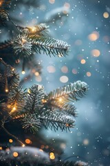 Snow-covered Christmas tree branch with lights