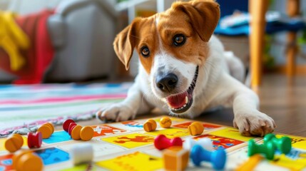 Jack Russell Terrier Playful Dog with Colorful Puzzle Pieces. Generative ai
