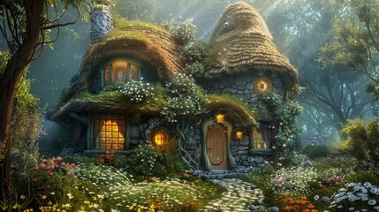 Fototapeta premium Illustration of a charming thatched fairy cottage nestled in an enchanted forest, blooming flowers and magical gardens all around