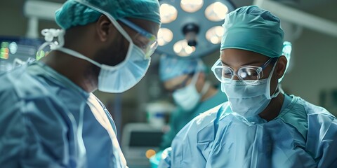 Surgeons in operating room performing medical procedure. Concept Medical professionals, Surgery techniques, Operating room equipment, Medical procedures, Surgical team dynamics