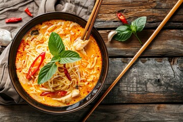 Top view of Khao Soi spicy curry noodle soup with coconut milk and chicken in a bowl with chopsticks on wooden background