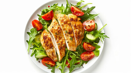 A plate of chicken and salad with a variety of vegetables
