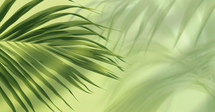 Abstract Palm Leaf Shadow Overlay on Light Green Background. Minimalist Tropical Design for Branding and Marketing. Copy space
