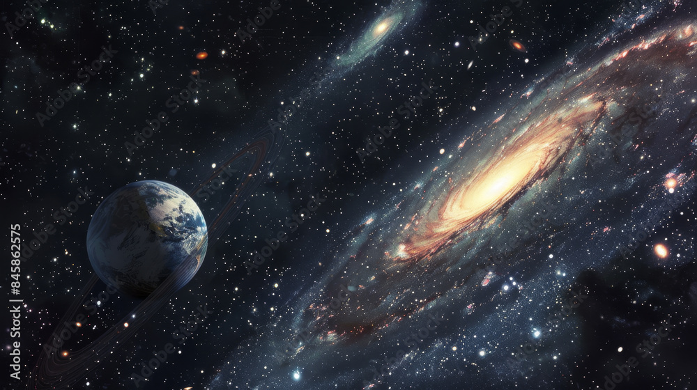 Poster A planet and a spiral galaxy are shown in the night sky