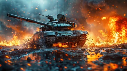 Tank Advancing Through Fiery Battlefield. Generative ai