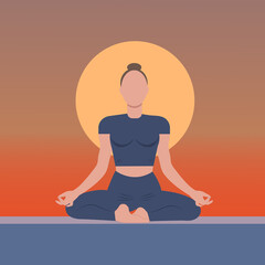 Girl in lotus position against sunset background