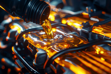 A car engine is being filled with oil