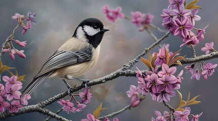 Obraz premium Black capped chickadee on redbud