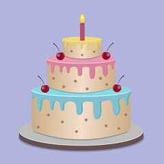 Big tall birthday cake with cherries