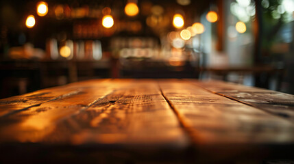 A close-up view of a wooden table inside a restaurant, set against a blurry background creating a warm and cozy atmosphere