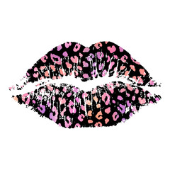 Vector lip imprint with a spotted leopard texture isolated on a white background. Decorative element suitable for various print and design purposes.