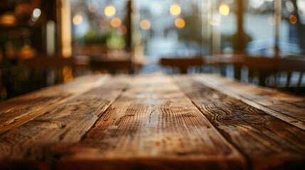 A close-up view of a wooden table inside a restaurant, set against a blurry background creating a warm and cozy atmosphere