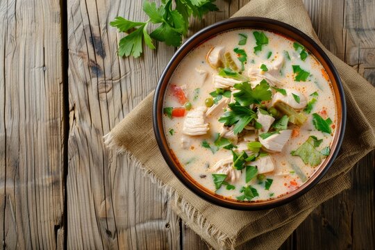 Top view of rustic table with chicken coconut milk soup copy space
