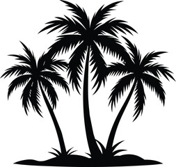 Silhouette of Three Palm Trees on Island Vector Illustration - Tropical Paradise Nature Scene
