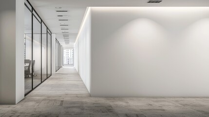 Background image of minimalist white hallway with lighting and large windows. Empty clean corridor with minimal style. Contemporary interior architecture concept. Design for wallpaper, banner. AIGT2.