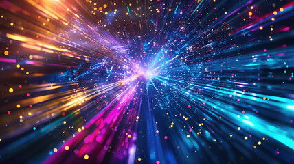Fototapeta premium Light speed, hyperspace, space warp background. colorful streaks of light gathering towards the event horizon Ai Generated