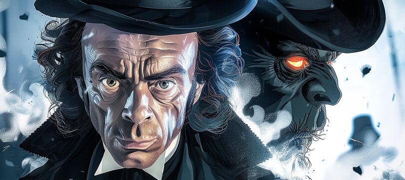 A dramatic portrait of a respectable Victorian gentleman, demonstrating the deep conflict and duality within one man. Аllusion to Dr. Jekyll and Mr. Hyde