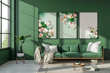 Green living room with floral wall art and sofa